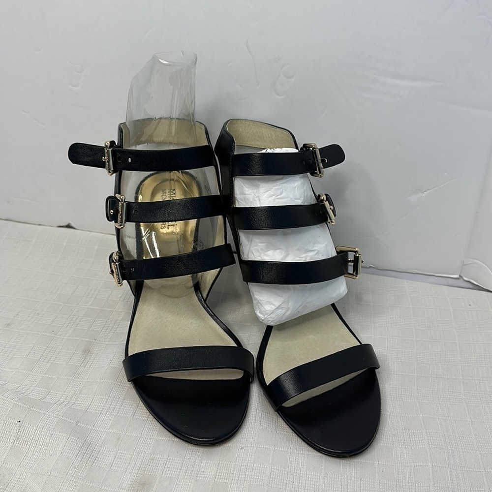Michael Kors Viola 9M Black Leather 3 Strap Buckle Gold Zip Back Heel Sandal